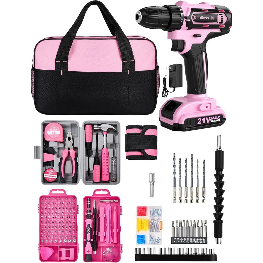 Power Tools Pink - 21V Pink Power Drill Set, 215-Piece