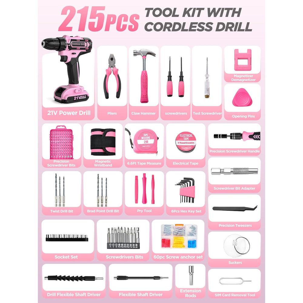 21V Pink Power Drill Set, 215- – обзор и цена Power Tools Pink