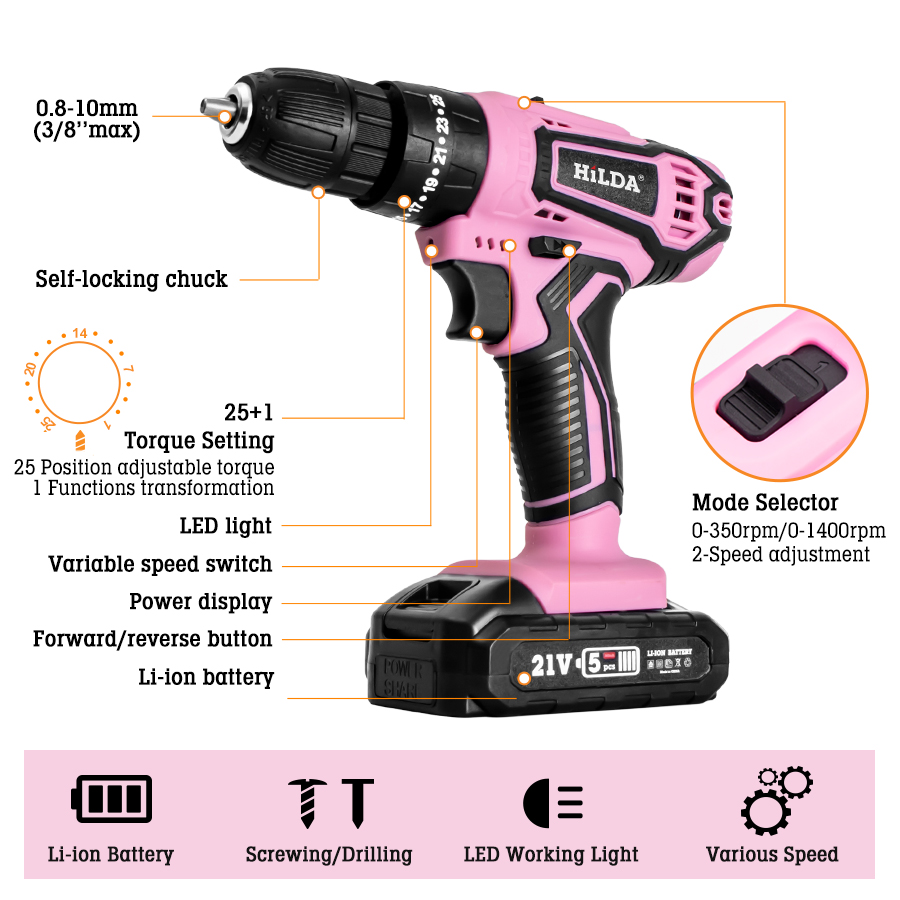 HILDA 21V Pink Drill Electric  – обзор и цена Power Tools Pink